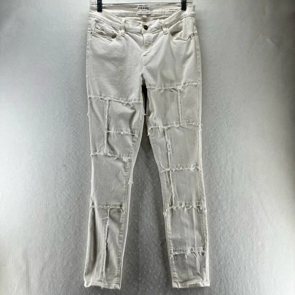 FRAME Jeans Womens Sz 32 Le Skinny De Jeanne Patchwork Distressed Denim White - Picture 1 of 12
